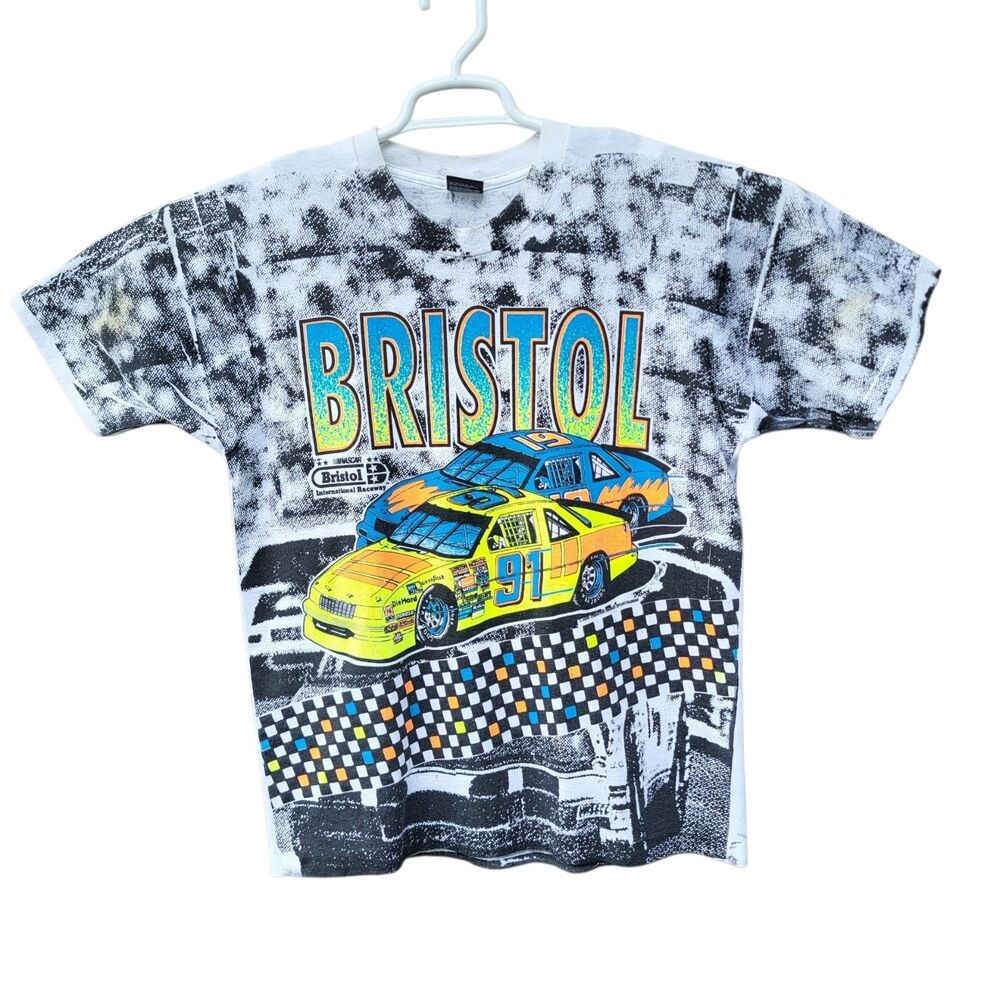 Vintage Bristol Raceway Shirt Mens Large NASCAR Racing 1991 Double Sided AOP